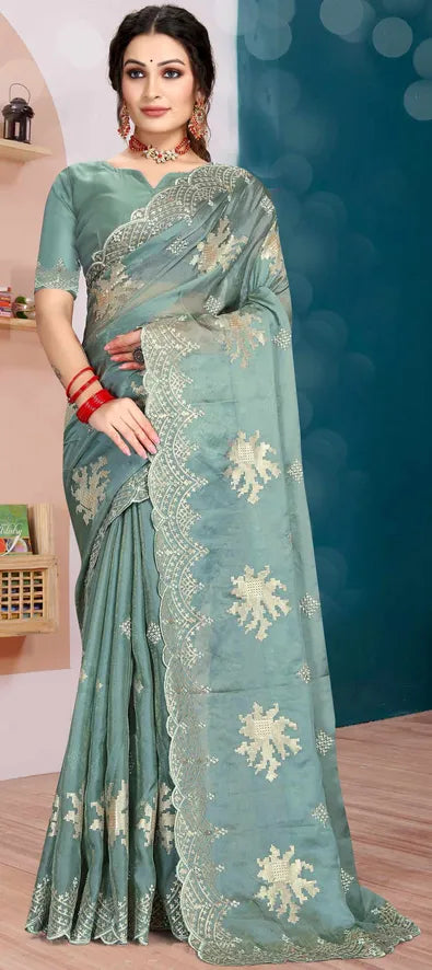 Vimala Collections Women's Organza Silk Saree Sky Blue Blouse Prt15276