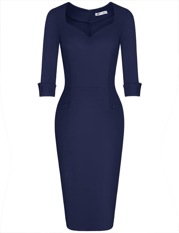 MUXXN Women's Petite High Waist Formal Casual Dresses Navy Blue Medium