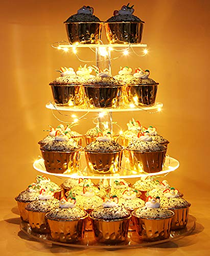 Vdomus 4 Tier Cupcake Stand with LED Lights Dessert Tower for Party Warm Round