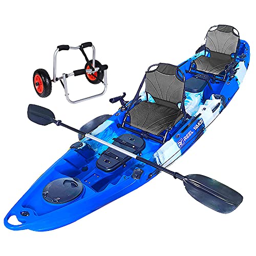 Tandem Fishing Angler Kayak | 2 or 3 Person | 12.5’ Sit On Top | 550lbs Capacity w/Kayak Trolley| Ocean Lakes Rivers | adult Youths Kids Family 