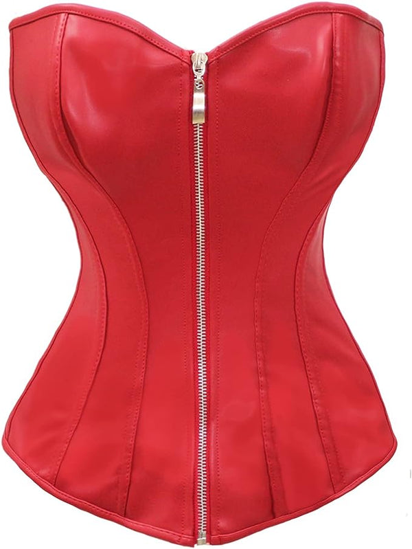bslingerie® Women Faux Leather Zipper Front Bustier Corset L Red