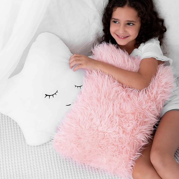 2 Pack Toddler Room Decorative Pillows Star Embroidered White & Pink Faux Fur