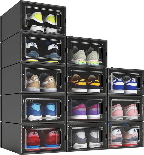 12 Pack Shoe Organizer Boxes, Black Plastic Stackable Shoe Storage Bins For Closet, Space Saving Shoe Holder Sneaker Display Case For Medium Size Shoes Color Black Size Medium