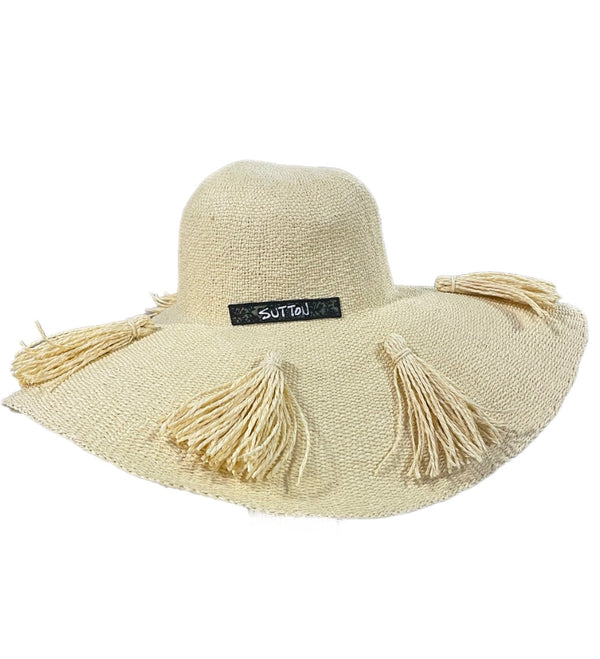 Reba2 Hat 100 Natural Straw Woven Detail One Size Fits All 6in Brim 8 Tassels