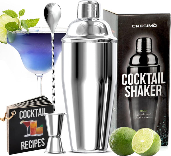 24oz Cocktail Shaker Set With Bar Accessories For Home Bar Shaker Set - Martini Shaker, Jigger, Drink Shaker Mixer Spoon - Alcohol Shaker Bartender Gift - Bartending Kit Essential For Home - Cresimo 24oz - 3pc Shaker Set Color Silver Size Set
