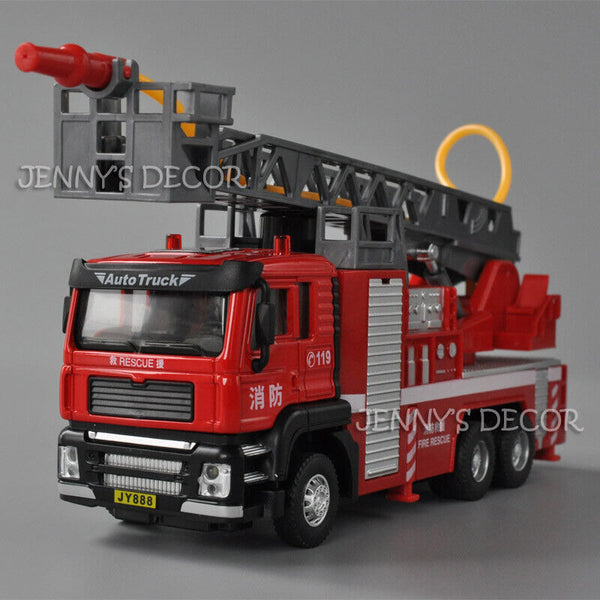 1:50 Scale Diecast Metal Ladder Fire Engine Spray Water Truck Pull Back Toy