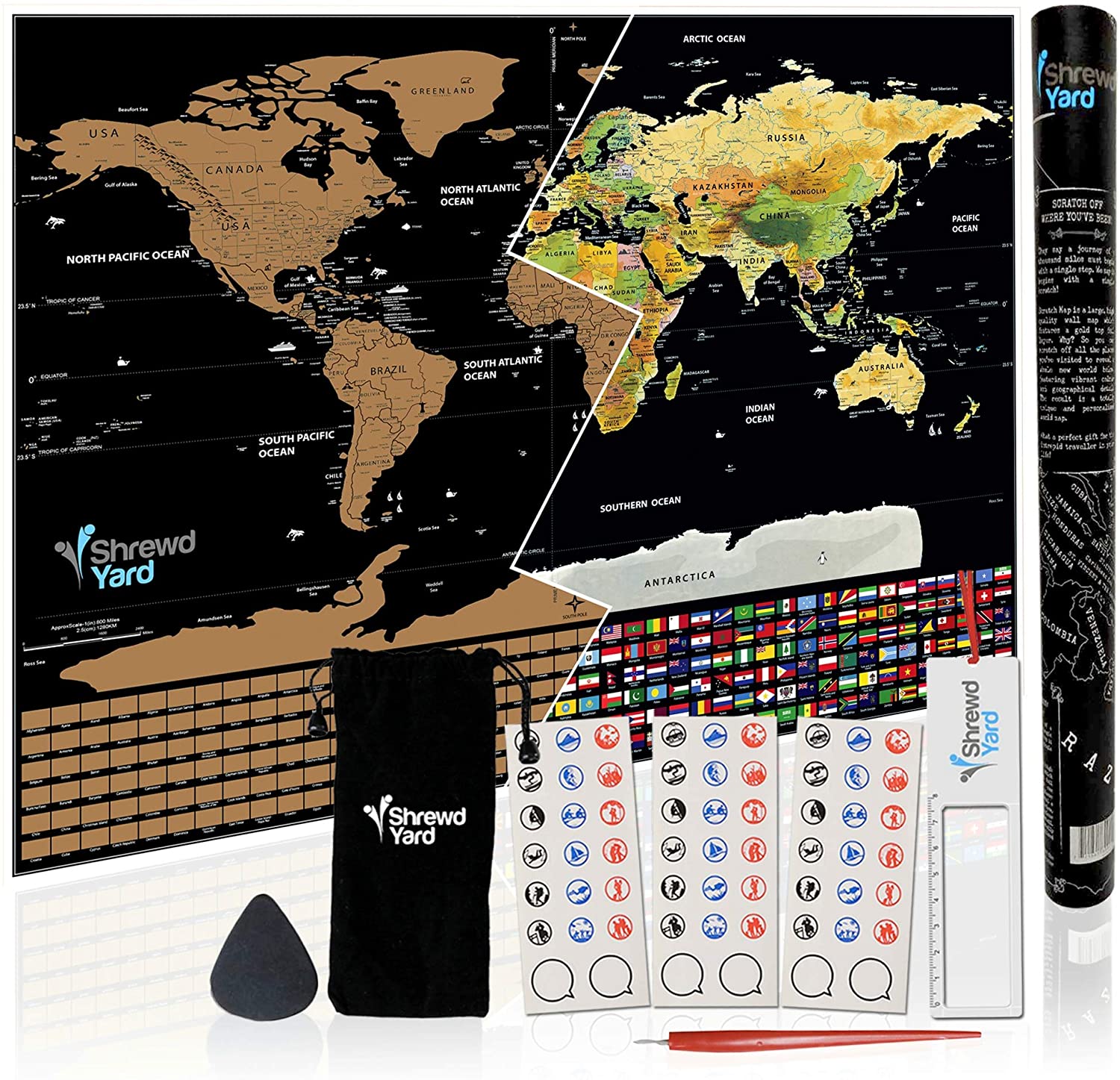 LARGE SCRATCH OFF SCRAPE MUNDI MAP WITH STATES & COUNTRY FLAGS 82x59CM