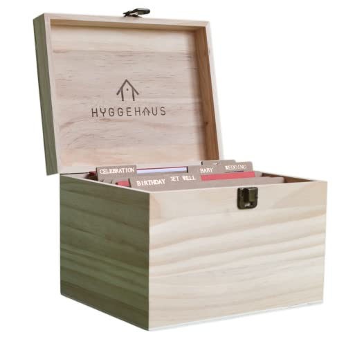 Hyggehaus Greeting Card Organizer Box with Dividers - Photo Organizer, Birthday Cards, Recipes, Keepsake & Scrapbook Storage Box | Solid Pine Wood