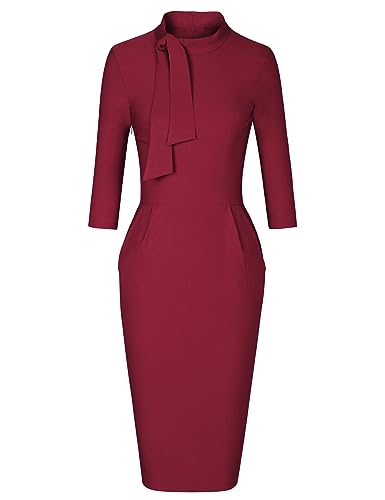 MUXXN Women's Midi Pencil Dresses 3/4 Sleeve Wine Red O Neck Dress Burgundy