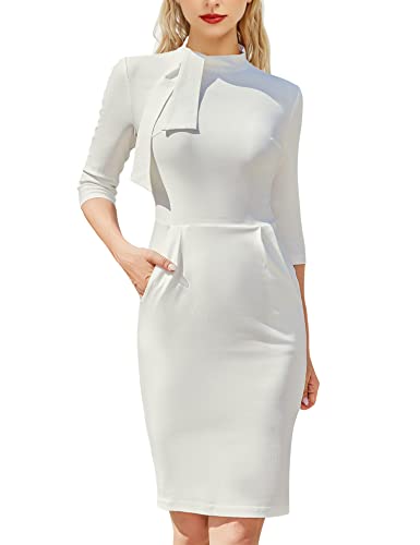 Muxxn Ladies 3/4 Sleeves Knee Length Mock Wear to Work Pencil Dress Off White M