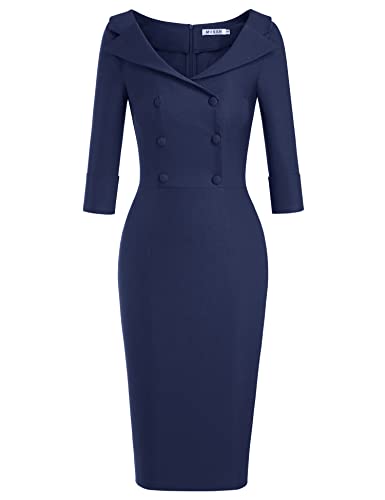 Muxxn Women's Cute Elbow Sleeves Graduation Length Split Midi Dress Navy Blue Large