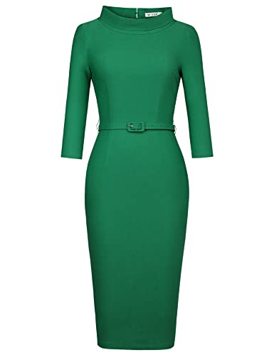 Muxxn Women's Pencil Dresses for Work Classy Dress With Belt Green Medium