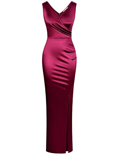 MUXXN Women's Maxi Side Split Sheath Stretch Formal Evening Dress (Burgundy L)
