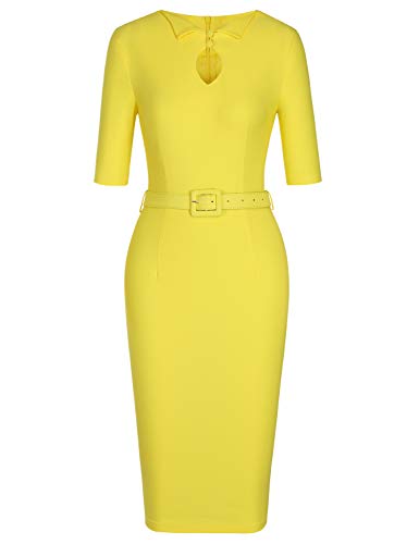 Muxxn Women's Pinup Style Bodycon Midi Office Business Dress Yellow XXLarge