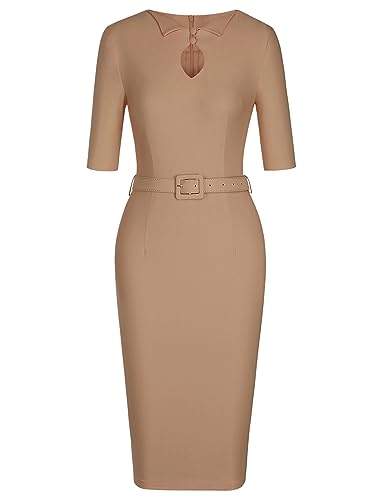 MUXXN Knee Length Dresses for Women Bodycon Vintage Style 3/4 Sleeve Sheath Belted Pencil Business Work Dress Camel L