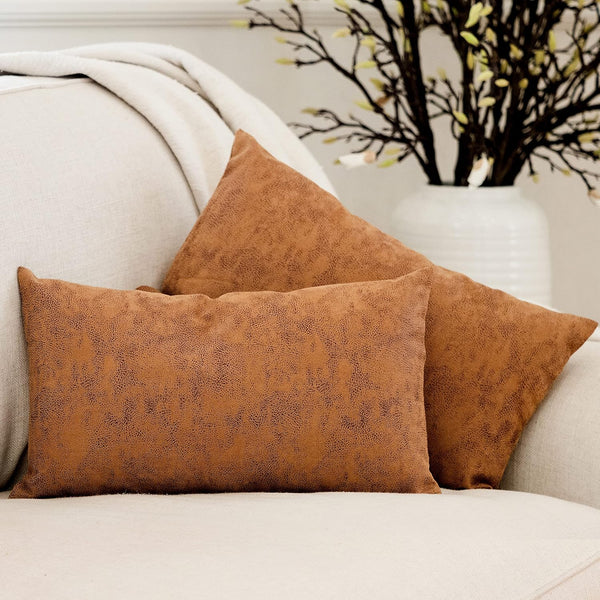 2 Pack Faux Leather Lumbar Pillow Covers Modern Farmhouse Decor 12x20 Inches Tan