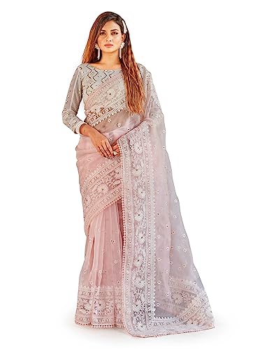 Craftstribe Pink Organza Embroidery Saree With Unstitched Blouse