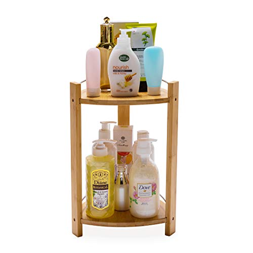 GOBAM Bamboo Shower Corner Caddy, Large - 2 Tier Standing Shower Stand for Shampoo, Conditioner, Lotion, Soap - Caddy Organizer for Kitchen, Bedroom, or Office
