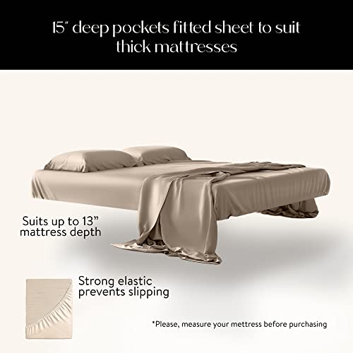 Colorado Home Co Mulberry Silk Bed Sheets Set Queen Size Oat Beige 4pcs