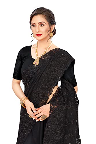 CRAFTSTRIBE Black Saree Moti and Stone Work Sari with Unstitched Blouse