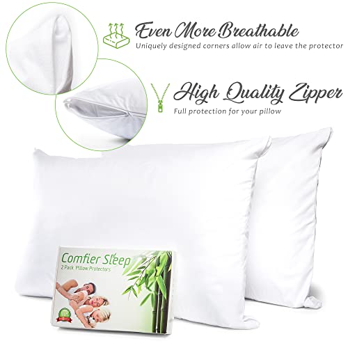 2 Pack Pillow Protectors with Zipper Standard Size Triple Layer 100% Bamboo Super Soft