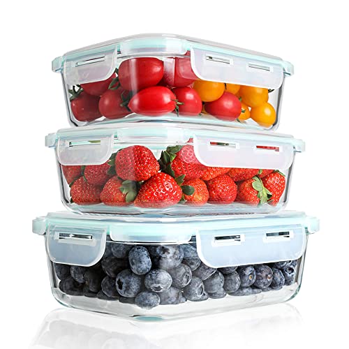 Whole Housewaress | Glass Meal Prep Containers-Glass Food Storage Containers with Lids-Lunch Containers,3 Pack