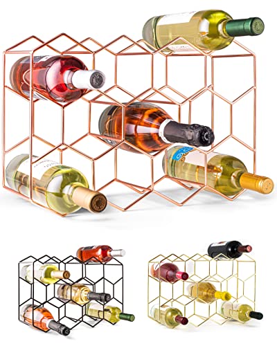 Gusto Nostro Countertop Wine Rack - 14 Bottle Freestanding Modern Metal Wine Rack - 3 Tier Tabletop Wine Holder Stand for Cabinet, Pantry Wine Bottle Storage - No Assembly Required (Small, Rose Gold)