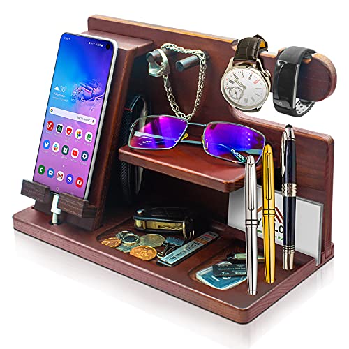 TYBELCO Wood Phone Docking Station Gifts for Men Him Husband Dad Boyfriend - Stylish Nightstand Organizer for Men Wooden Bedside Watch Stand Wallet