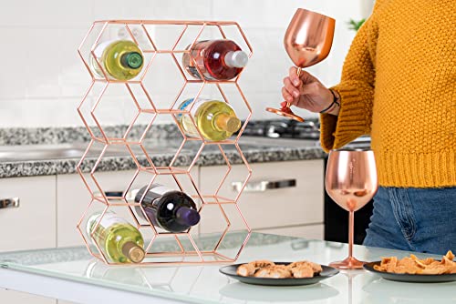 Gusto Nostro Countertop Wine Rack - 14 Bottle Freestanding Modern Metal Wine Rack - 3 Tier Tabletop Wine Holder Stand for Cabinet, Pantry Wine Bottle Storage - No Assembly Required (Small, Rose Gold)