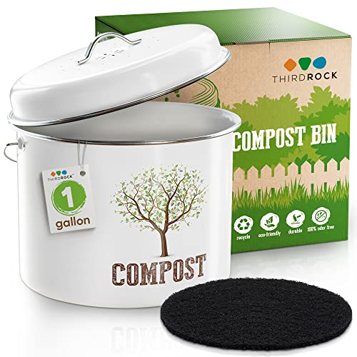 Third Rock Kitchen Compost Bin Countertop - 1.0 Gallon Compost Bucket for Kitchen - Small Compost Bin - Includes Charcoal Filter, White
