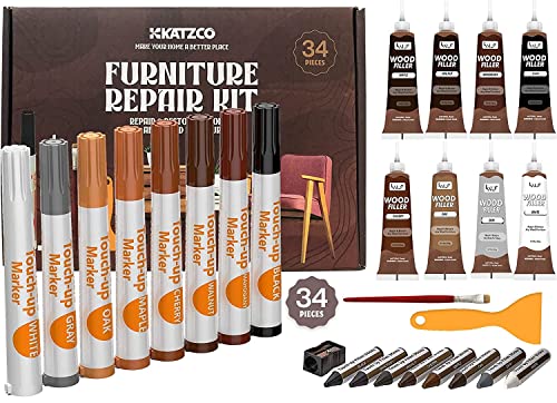 Furniture Repair Markers and Wax Sticks with Sharpener for Stains,  Scratches, Wood Floor, Tables, Desks 17-Piece Furniture Touch Up Pen Set,  Maple