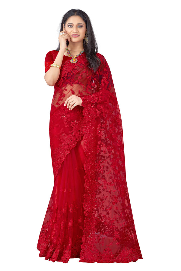 CRAFTSTRIBE Red Saree Moti and Stone Work Sari with Blouse Fabric