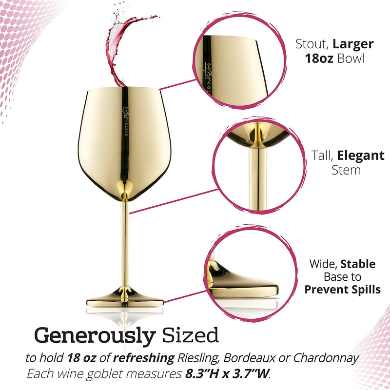 Gusto Nostro Stainless Steel Wine Glass - 18 oz Unbreakable Gold Wine Glasses for Travel, Camping and Pool - Fancy, Unique and Cute Portable Metal Wine Glass for Outdoor Events, Picnics (Set of 2)