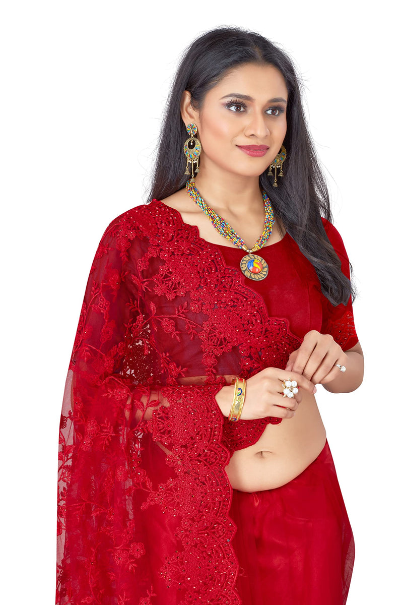 CRAFTSTRIBE Red Saree Moti and Stone Work Sari with Blouse Fabric