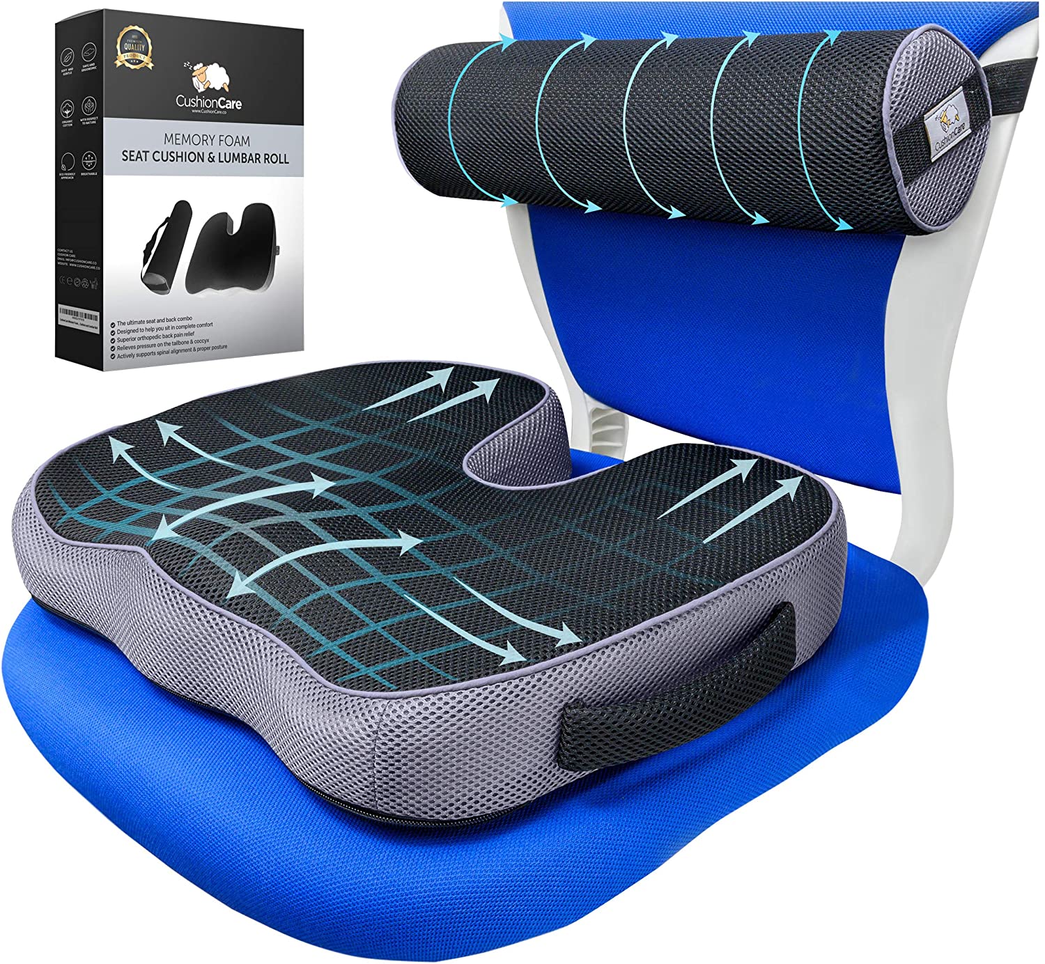 Memory Foam Seat Cushion & Lumbar Support Back Cushion Combo-Perfect for  Office