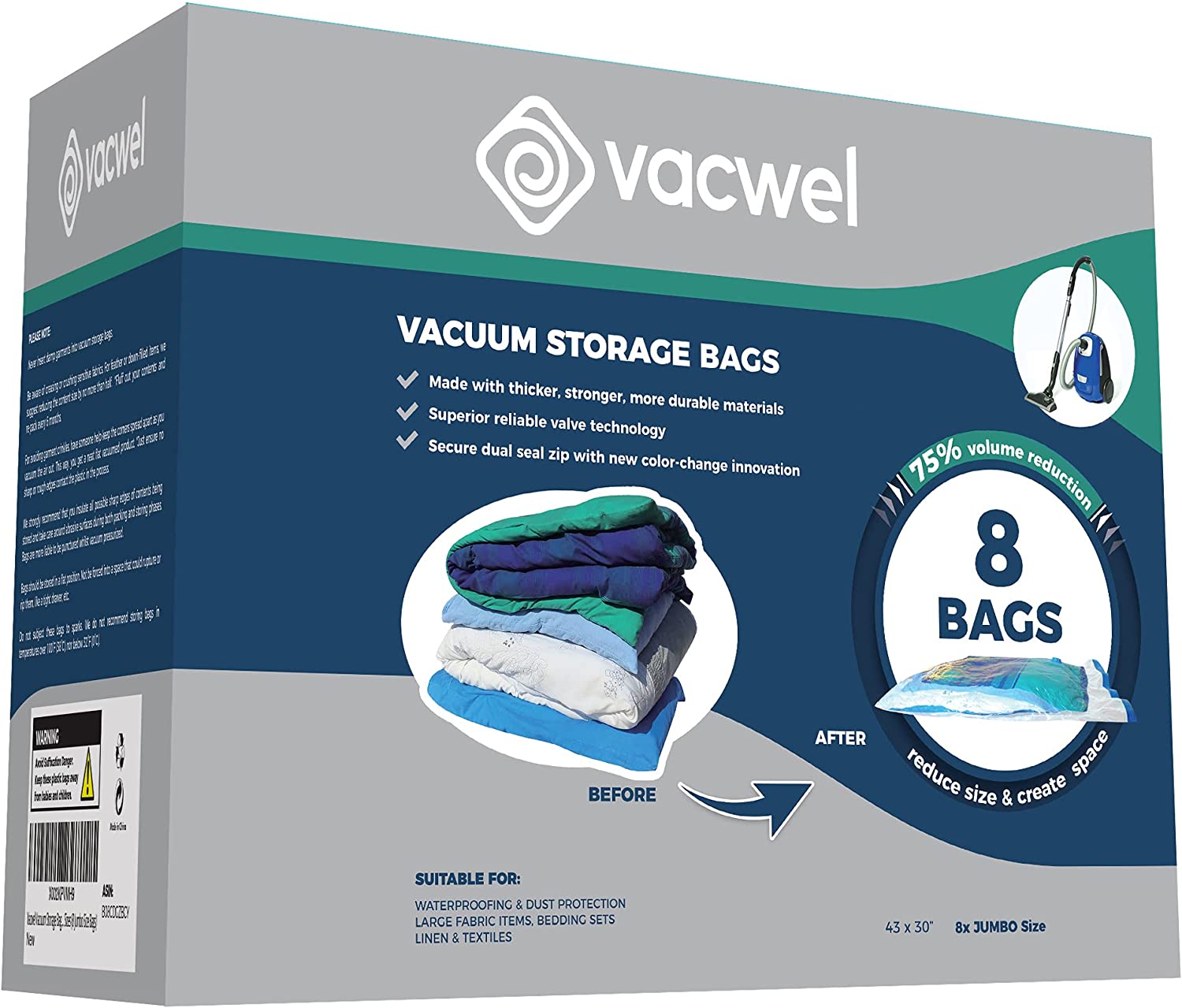Vacwel Jumbo Vacuum Storage Bags for Clothes, Quilts, Pillows, Space Saver