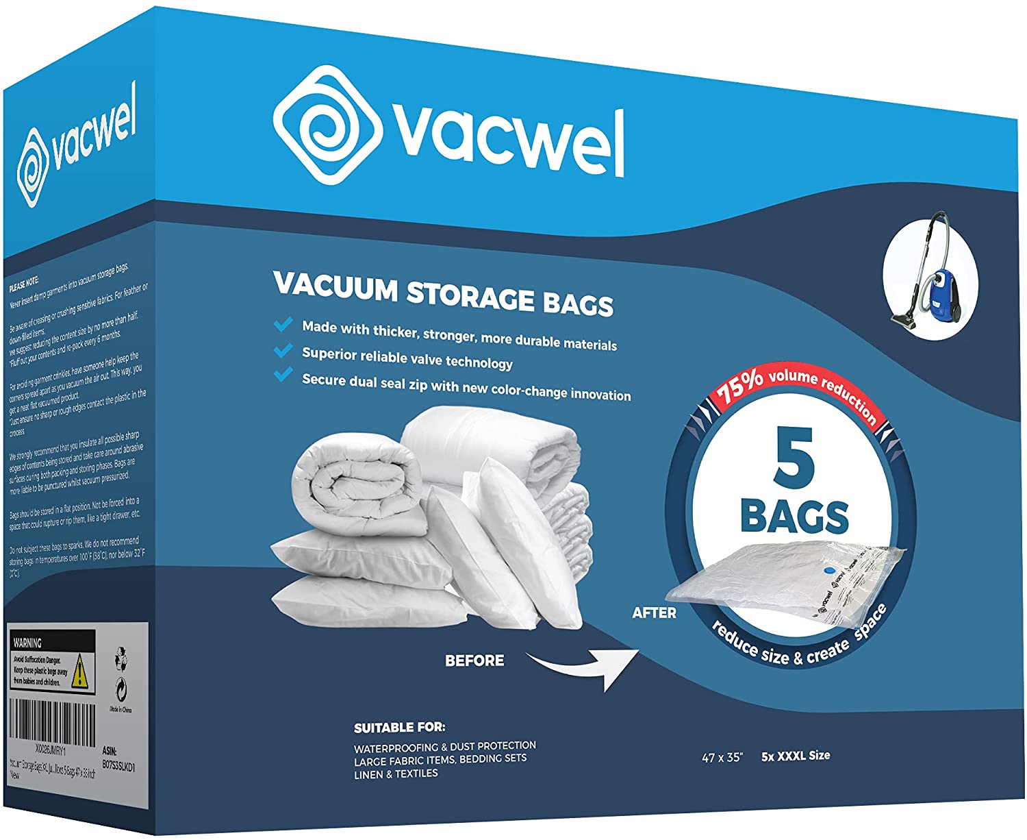 Vacwel 3-Pack XXL-Jumbo Vacuum Storage Bags - 47 x 35 XXL Space