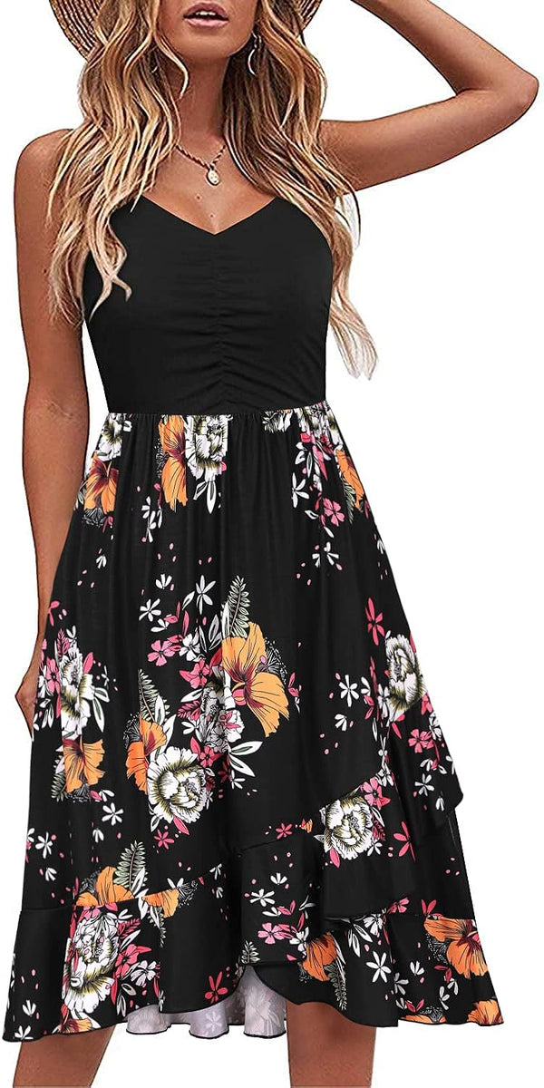 Casual Summer Sleeveless Sexy V Neck Floral Flared Ruffles Beach Dress Large