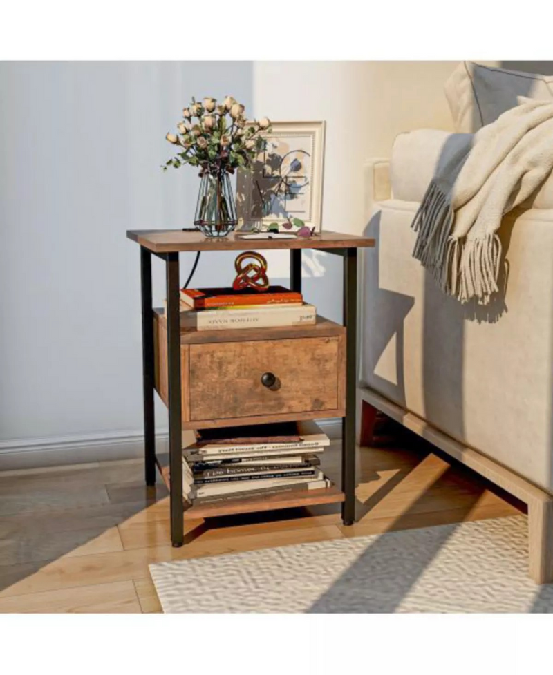 3-Tier Nightstand with Charging Station and Drawer