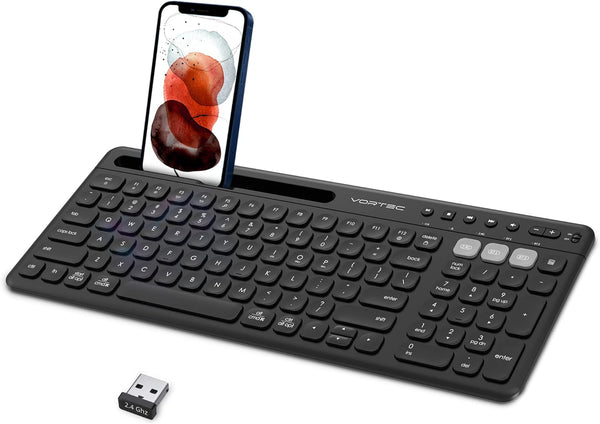 Vortec Wireless Multi Device Bluetooth Keyboard for iPhone, iPad, Samsung, Android Phone, Tablet Slim Keyboard for Mac, iMac – Universal Smartphone Cellphone Keyboard with Phone Holder for PC Color Black Size