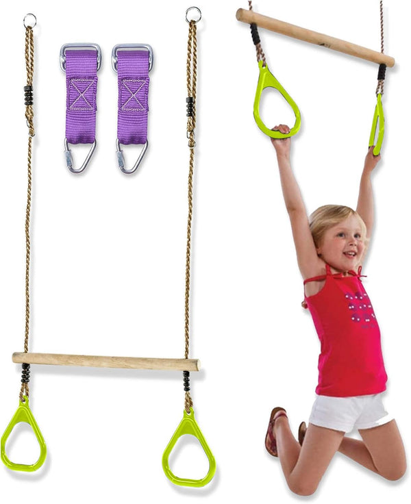 Trailblaze Trapeze Bar Gym Rings - Ultimate Swing Set Accessories Ninja Warrior Obstacle Course Monkey Bars For Backyard - Outdoor Playground Accessories For Kids Adjustable Height Swing Bar Lime Color Lime Size 1x17.7x44"