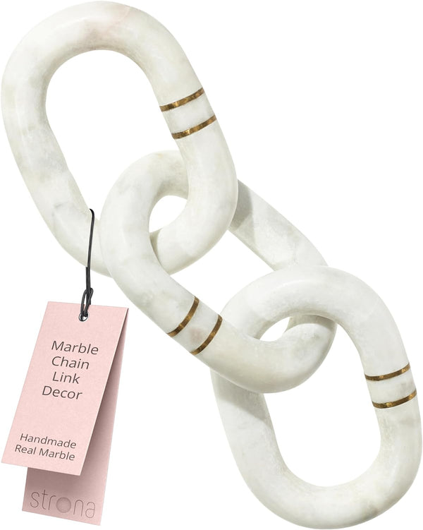 Strona 13" White Marble Chain Link Decor With Brass Detail - Handcrafted Marble Decor, Chain Decor, Decorative Objects For Coffee Table Books Decor Color White Size Strona