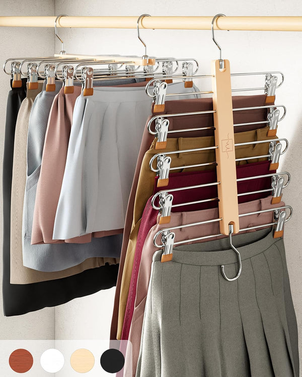 Moralve Skirt Hangers Space Saving - European Beechwood Shorts Hangers & Skirt Hangers - Women Space Saving Skirt Hangers With Clips - Closet Organizers & Storage 5 Tier Skirt Hanger Skirt Organizer 2 Pack Natural Color Natural Size One Size