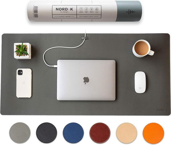 Nordik Leather Desk Mat Cable Organizer (Alaskan Gray 35 X 17 Inch) Premium Extended Mouse Mat For Home Office Accessories - Non-Slip Vegan Leather Desk Pad Protector & Desk Blotter Pad Color Alaskan Gray Size 35"w X 17"h