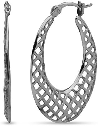 Lecalla Sterling Silver Jewelry Filigree Texture Hoop Earrings Women Oval Shape