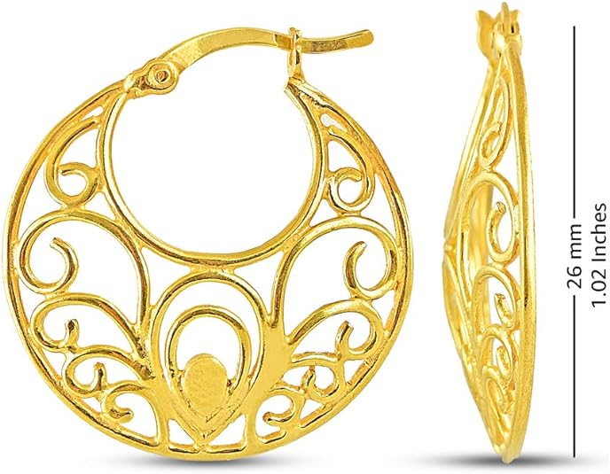 Charsy Sterling Silver Jewelry Filigree Cut Yellow Gold Earing for Women 26mm
