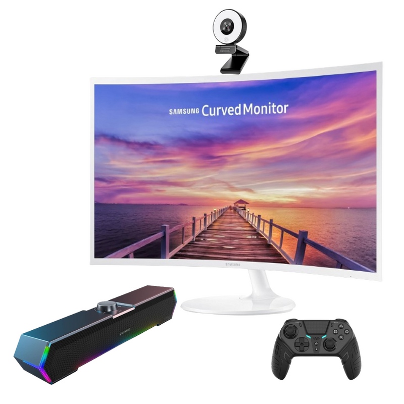 SAMSUNG 32" Curved Monitor + Papalook 2K/1080P Webcam + LENRUE G11 Computer Speakers + Elite Pro Q300 Wireless Controller