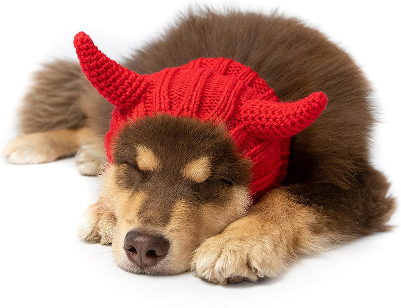 Zoo Snoods Devil Costume for Dogs & Cats Halloween - No Flap Ear Wrap Hood for Pets, Dog Devil Ears for Winters, Easter, Christmas & New Year, Soft Yarn Ear Covers