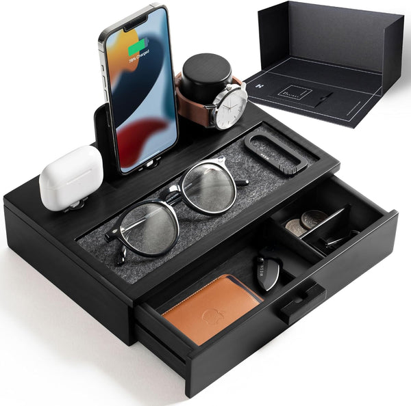 Men's Nightstand Organizer Wood Docking Station Charging Tray & Drawer Black