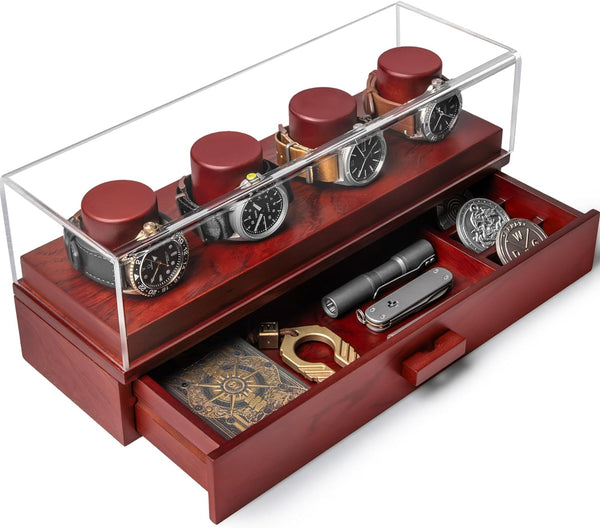 Elevate Your Watch Collection With The Watch Deck – Premium Watch Display Case For 4 Watches – Unique Birthday Day Gift For Men – Wooden Mens Watch Box & Watch Case – Lifetime Assurance Included Cherry Watch Deck Color Cherry Size One Size